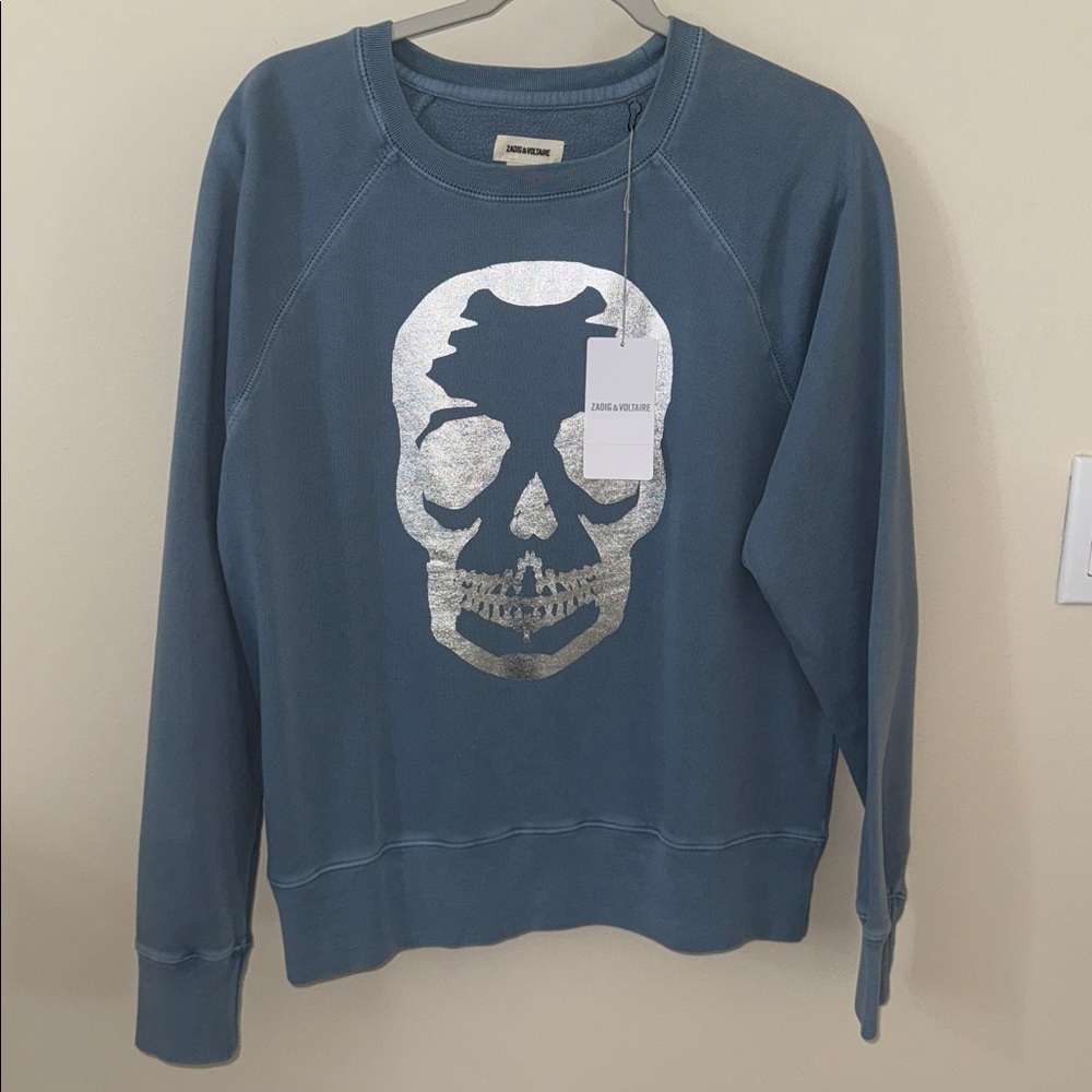Zadig & Voltaire Light Blue Sweater with Metallic Skull